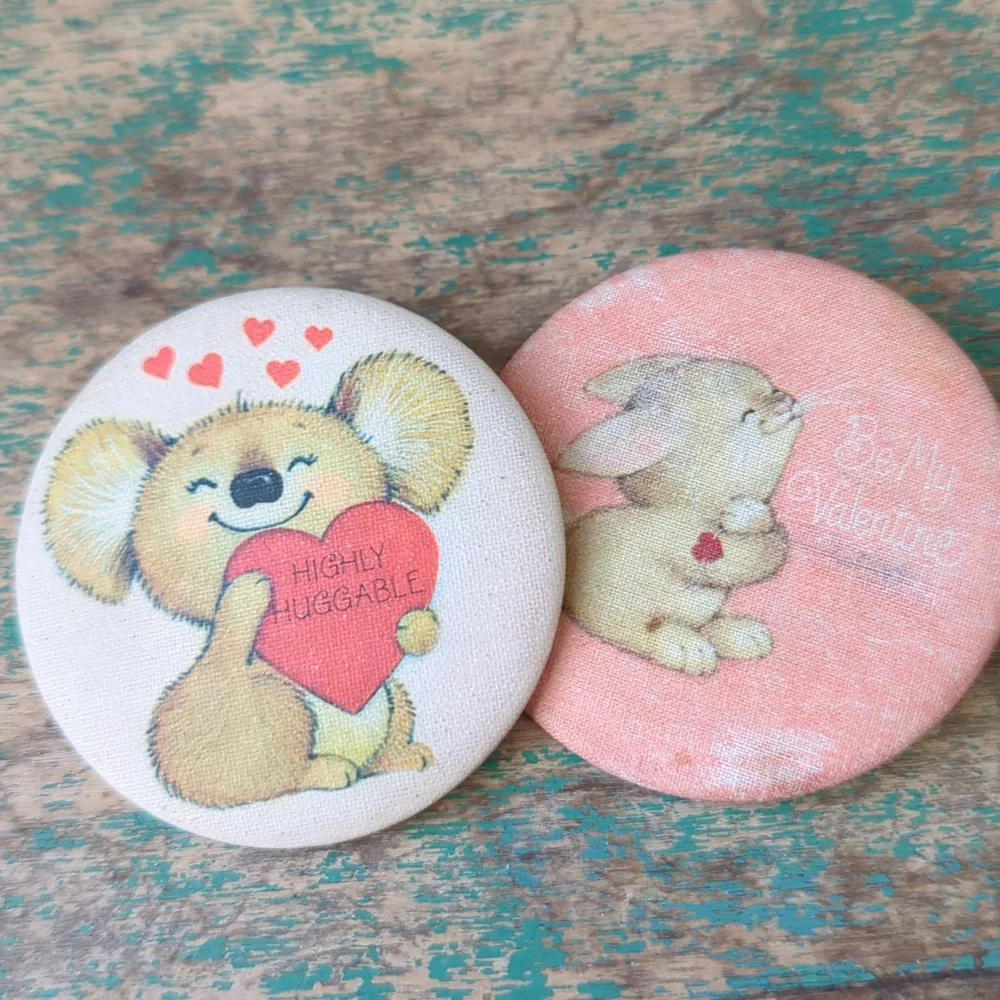 HALLMARK I Bundle of 2 Vintage Valentine's Day Love Buttons Pins, Circa 80s